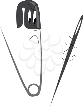 A black-colored needle and a safety pin left opened vector color drawing or illustration 