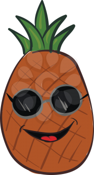 A laughing brown-colored cartoon pineapple topped with a tuft of stiff green leaves is wearing sunglasses vector color drawing or illustration 
