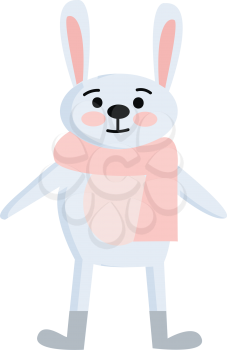 Cartoon of a cute little white rabbit with rose ears dressed in winter clothes wears a pink scarf around the neck and is smiling vector color drawing or illustration 