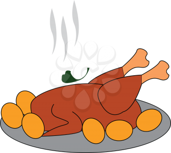 A plate with hot and spicy roasted cartoon chicken is garnished with vegetables and also six hard boiled eggs lying closer to it vector color drawing or illustration 
