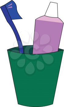 A green-colored plastic toothbrush holder in the shape of a tumbler with a blue toothbrush and a rose toothpaste vector color drawing or illustration 