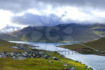 Oyrarbakki village and the bridge connecting Eysturoy and Streymoy islands, Faroe Islands
