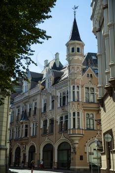 Riga, Latvia - June 2016: Art Nouveau style house of Riga Merchant Guild at Amatu 6 street