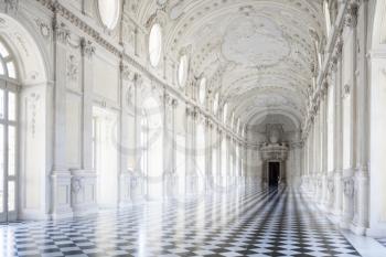 Venaria, Italy - June 27, 2014: Reggia of Venaria Reale. View of Galleria di Diana in Venaria Royal Palace, Turin, Romania