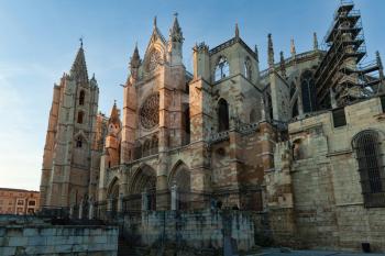 Leon, Spain - 10 December 2018: Leon cathedral at sunset