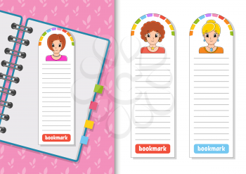 Set of paper bookmarks for books with cute cartoon characters. For kids. Beautiful cute fashionable girls with jewelry. Color vector illustration.