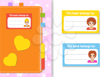 Book label stickers for kids. Bea girls. The rectangular shape. Isolated color vector illustration. Cartoon character. For the diary, notebook, book.