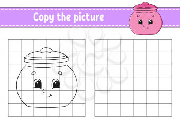 Copy the picture. Sugar bowl. Coloring book pages for kids. Education developing worksheet. Game for children. Handwriting practice. Catoon character.
