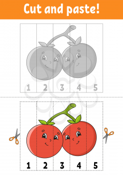 Learning numbers 1-5. Cut and glue. Cartoon character. Education developing worksheet. Game for kids. Activity page. Color isolated vector illustration.