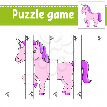 Puzzle game for kids. Cutting practice. Education developing worksheet. Activity page.Cartoon character.