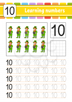 Trace and write numbers. Handwriting practice. Learning numbers for kids. Education developing worksheet. Activity page. Game for toddlers. Isolated vector illustration in cute cartoon style.