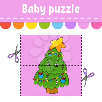 Baby puzzle. Easy level. Flash cards. Cut and play. Christmas theme. Color activity worksheet. Game for children. Cartoon character.