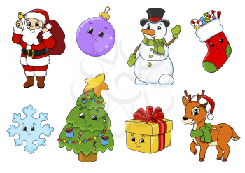 Set of stickers with cute cartoon characters. Christmas theme. Hand drawn. Colorful pack. Vector illustration. Patch badges collection. Label design elements. For daily planner, diary, organizer.