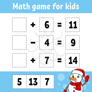 Math game for kids. Christmas theme. Education developing worksheet. Activity page with pictures. Game for children. Color isolated vector illustration. Funny character. Cartoon style.