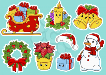 Set of stickers with cute cartoon characters. Christmas theme. Hand drawn. Colorful pack. Vector illustration. Patch badges collection. Label design elements. For daily planner, diary, organizer.