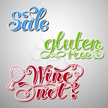 Set Lettering words. Gluten free, sale, wine not. Hand drawn. Vector illustration . Design element.