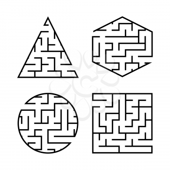A set of labyrinths for children. A square, a circle, a hexagon, a triangle. Simple flat vector illustration isolated on white background