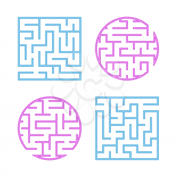 A set of colored labyrinths for children. A square, round maze. Simple flat vector illustration isolated on white background
