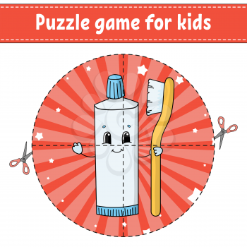 Cut and play. Round puzzle. Toothpaste Tube With Toothbrush. Logic puzzle for kids. Activity page. Cutting practice for preschool. Cartoon character.