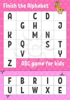 Finish the alphabet. ABC game for kids. Cut and glue. Education developing worksheet. Learning game for kids. Color activity page.