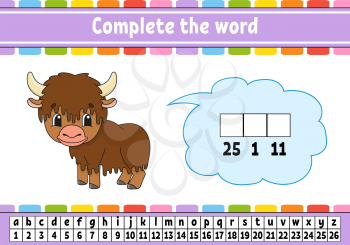 Complete the words. Cipher code. Learning vocabulary and numbers. Education developing worksheet. Activity page for study English. Game for children. Isolated vector illustration. Cartoon character.