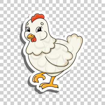 Cute cartoon character. Lovely hen. Sticker with contour. Colorful vector illustration. Isolated on transparent background. Design element
