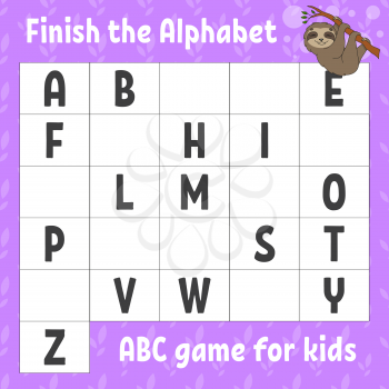 Finish the alphabet. ABC game for kids. Education developing worksheet. Brown sloth. Learning game for kids. Color activity page.
