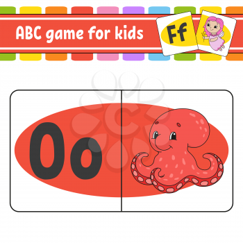 ABC flash cards. Aquatic octopus. Alphabet for kids. Learning letters. Education worksheet. Activity page for study English. Color game for children. Isolated vector illustration. Cartoon style.