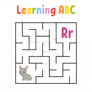 Square maze. Game for kids. Rabbit bunny animal. Quadrate labyrinth. Education worksheet. Activity page. Learning English alphabet. Cartoon style. Find the right way. Color vector illustration.