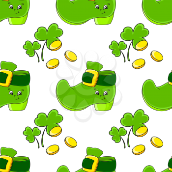 Color seamless pattern. Leprechaun boot. St. Patrick's Day. Cartoon style. Hand drawn. Vector illustration isolated on white background.