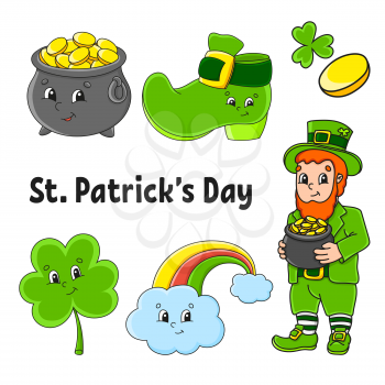 Set of color stickers for kids. Leprechaun with a pot of gold, boot, gold coin, clover, magic rainbow. St. Patrick's Day. Cartoon characters. Black stroke. Isolated vector illustration.