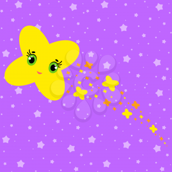 Flat isolated star flying in the sky. Cheerful cute character for decoration.