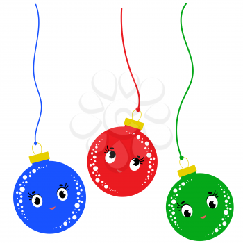 A set of three colored flat cartoon isolated Christmas ball falling down on white background