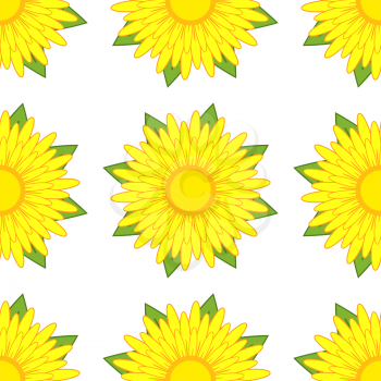Seamless pattern of yellow flowers with green leaves on a white background.