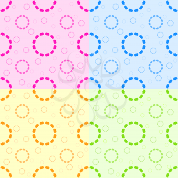 Set of seamless patterns from abstract circles pink, blue, yellow, green.