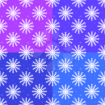 Set of seamless patterns of white snowflakes on purple, light blue, dark blue, blue background
