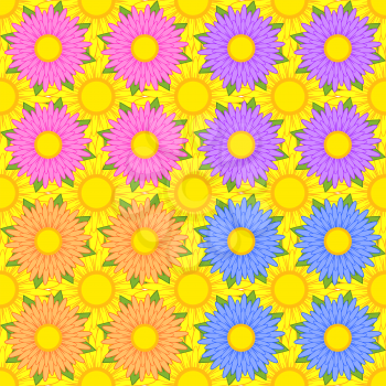 Set of seamless patterns of pink, purple, orange, blue flowers with green leaves on a background of yellow flowers.