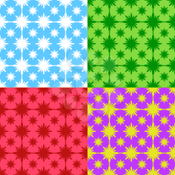 Set of abstract seamless patterns of blue, green, red, purple on a multicolored background.