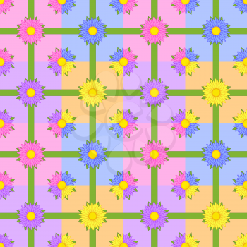 Seamless pattern of flowers with green ribbons on colorful squares.