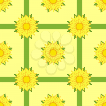 Seamless pattern of yellow flowers with ribbons and leaves on a light yellow background.