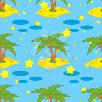 A seamless pattern of green palms on yellow sand on a blue background with stars.