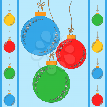 set of flat colored isolated Christmas tree toys balls on the ropes. Simple style.