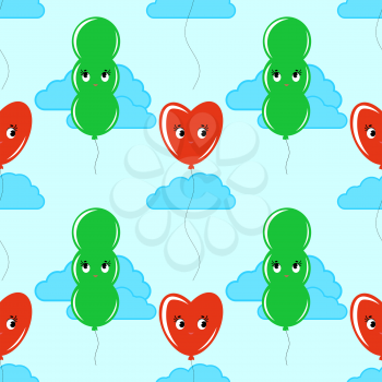 Color seamless pattern of cute smiling balloons on a blue background with clouds. Simple flat vector illustration. Suitable for Wallpaper, fabric, wrapping paper, covers.