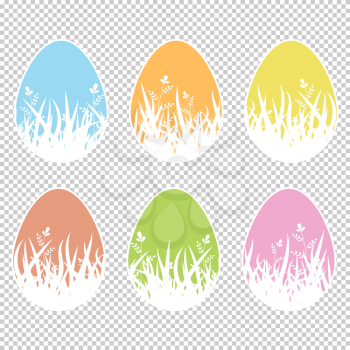 Set of colored isolated Easter eggs. With silhouettes of grass and leaves. On a transparent background. Simple flat vector illustration. Suitable for decoration of postcards, advertising, magazines, websites.