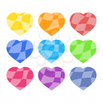 Set of colored isolated silhouettes of hearts on a white background. With a stylish abstract pattern. Simple flat vector illustration. Suitable for decoration of postcards, weddings, holidays, sites.