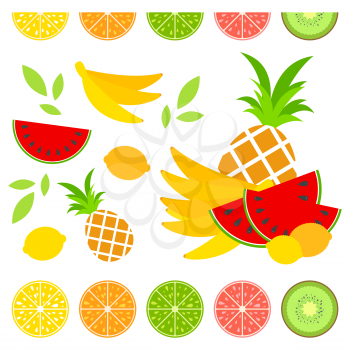A set of colored insulated delicious fruits on a white background. Juicy, bright, delicious tropical food. Simple flat vector illustration. Suitable for design of packages, postcards, advertising.