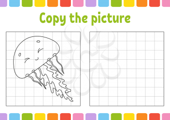 Copy the picture. Coloring book pages for kids. Education developing worksheet. Game for children. Handwriting practice. Funny character. Cute cartoon vector illustration.