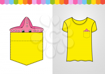 Starfish in shirt pocket. Cute character. Colorful vector illustration. Cartoon style. Isolated on white background. Design element. Template for your shirts.
