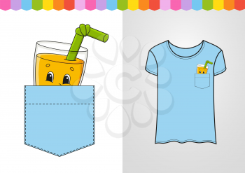A glass of juice in shirt pocket. Cute character. Colorful vector illustration. Cartoon style. Isolated on white background. Design element. Template for your shirts, books, stickers, cards, posters.