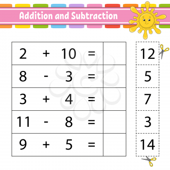 Addition and subtraction. Task for kids. Education developing worksheet. Activity page. Game for children. Funny character. Isolated vector illustration. Cartoon style